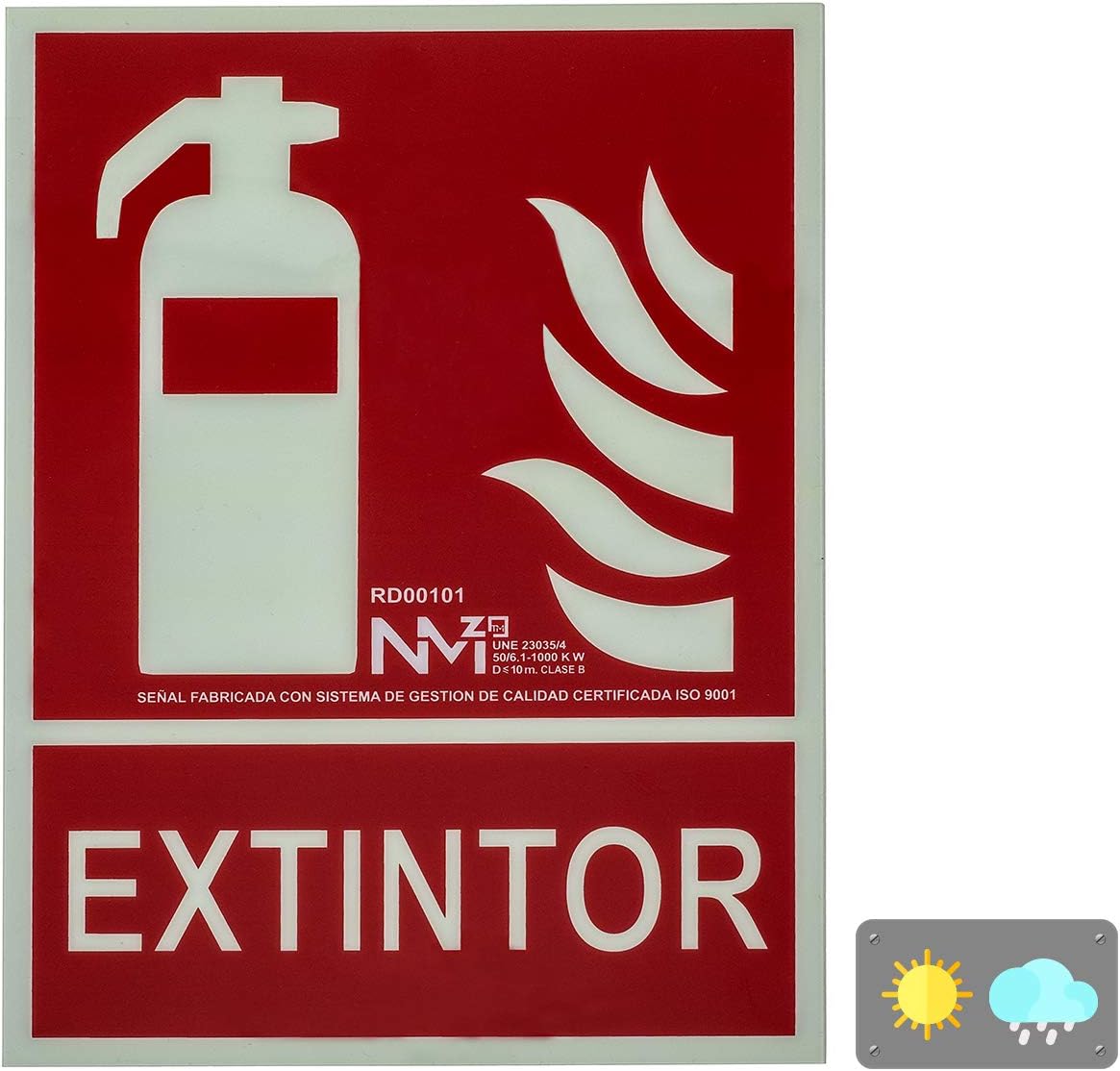 Señal luminiscente para extintor, homologada, 21 x 30 cm, PVC clase B 0,7 mm