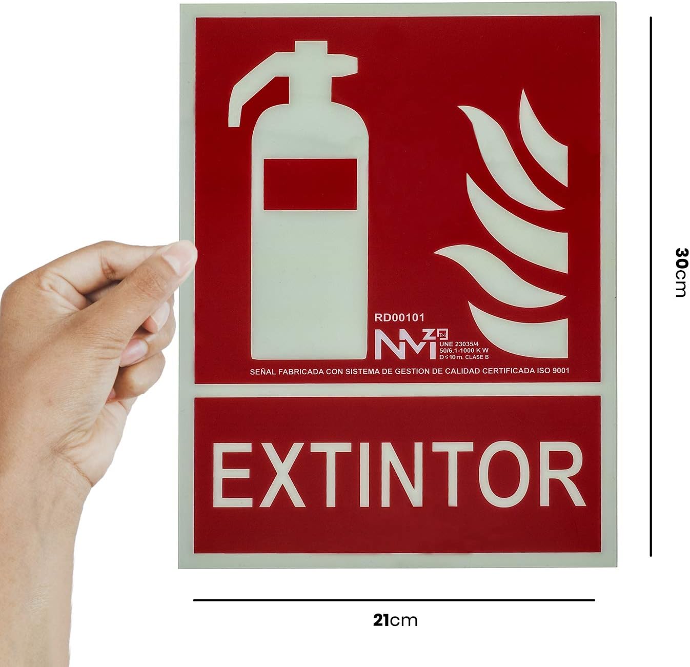 Señal luminiscente para extintor, homologada, 21 x 30 cm, PVC clase B 0,7 mm
